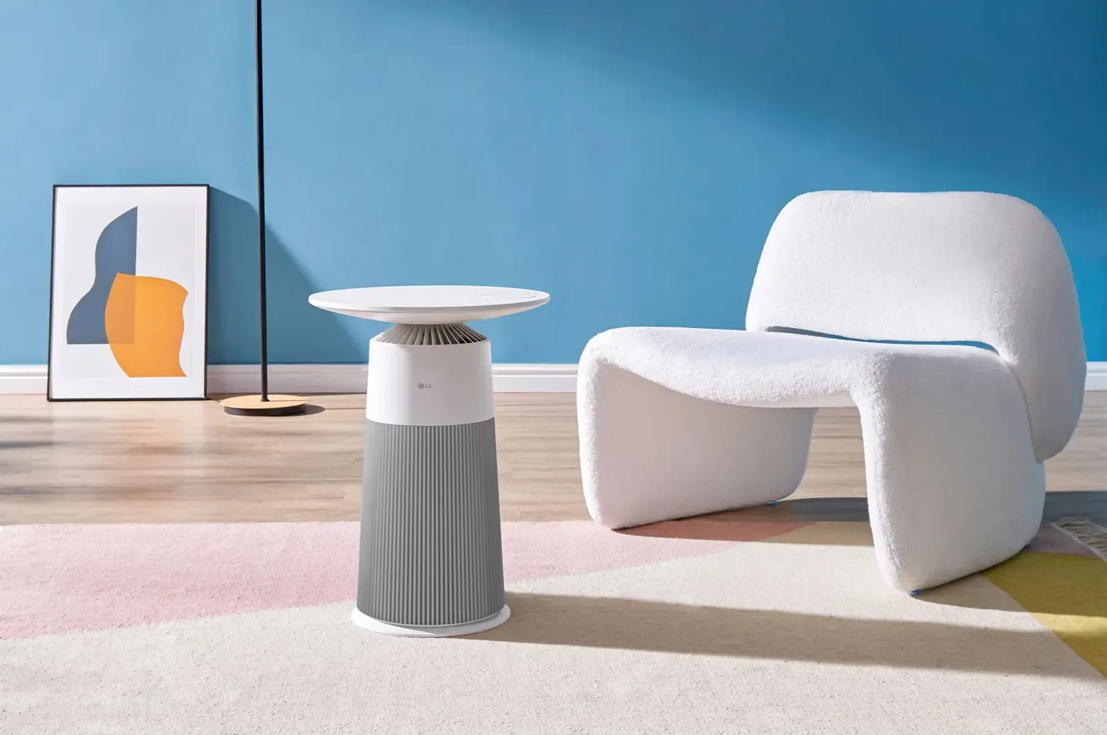 LG PuriCare air purifier in a bright modern living room
