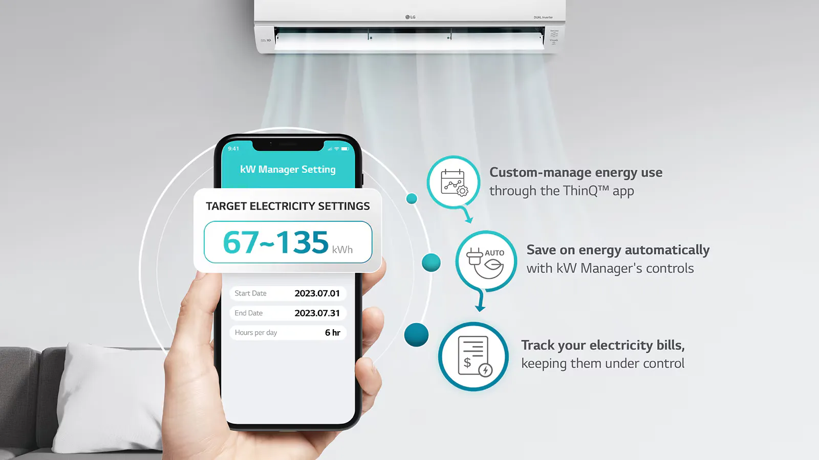 LG ThinQ kW Manager setting a target electricity range on a smartphone