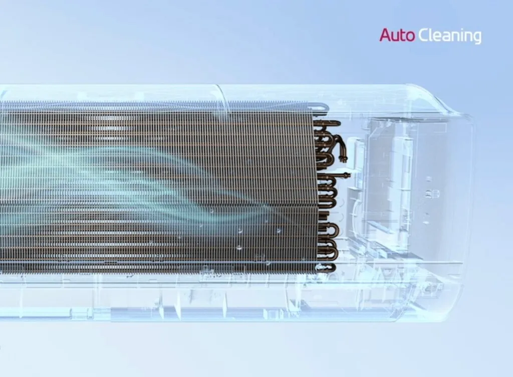 Cutaway of an LG air conditioner Auto Cleaning the internal heat exchanger