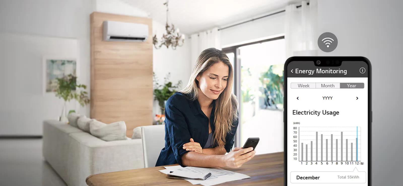 Woman monitoring her air conditioner electricity usage in the LG ThinQ app