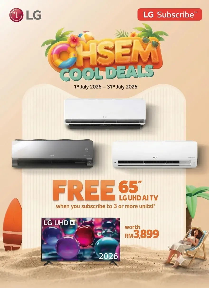 LG Subscribe OHSEM Cool Deals — LG air conditioner subscription with a free 65-inch LG UHD AI TV, July 2026 promotion