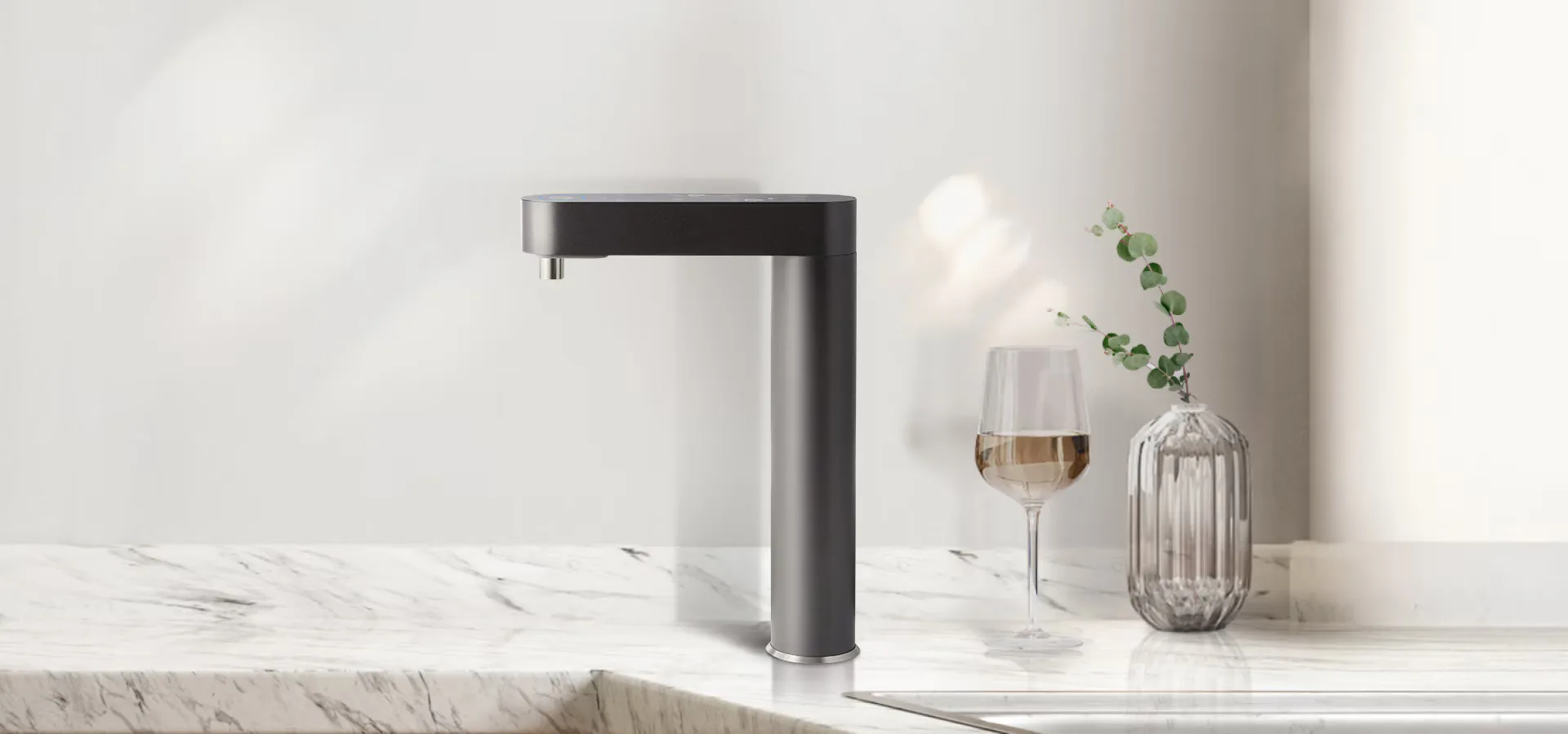 LG PuriCare water purifier dispensing clean water on a marble kitchen counter